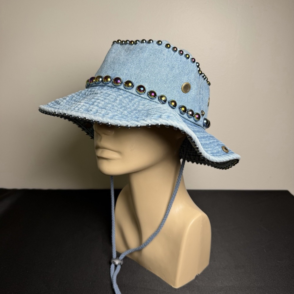 Gelante Y2K Style Light Wash Denim Cowboy Bucket Hat Iridescent Beaded Studded